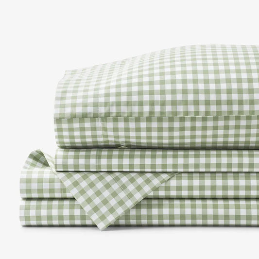 Gingham Classic Cool Organic Cotton Percale Bed Sheet Set - Moss, Twin XL