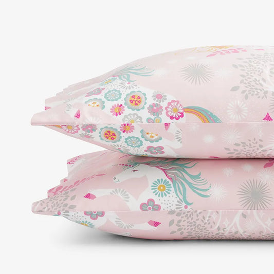 Fancy Unicorns Classic Cool Organic Cotton Percale Pillowcase Set - Pink Multi, Standard