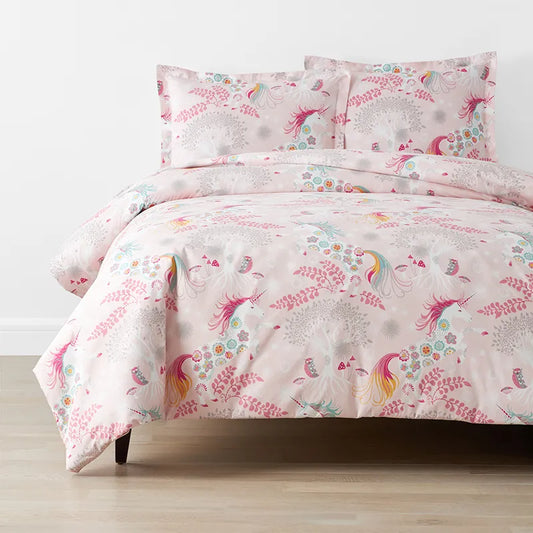 Fancy Unicorns Classic Cool Organic Cotton Percale Duvet Cover Set - Pink Multi, Twin/Twin XL