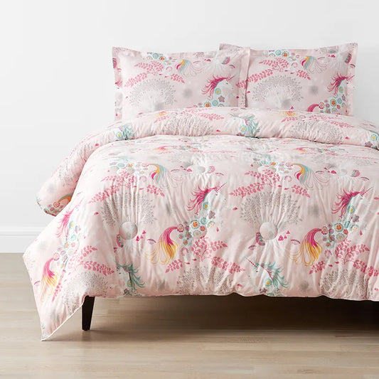 Fancy Unicorns Classic Cool Organic Cotton Percale Comforter Set - Pink, Twin/Twin XL