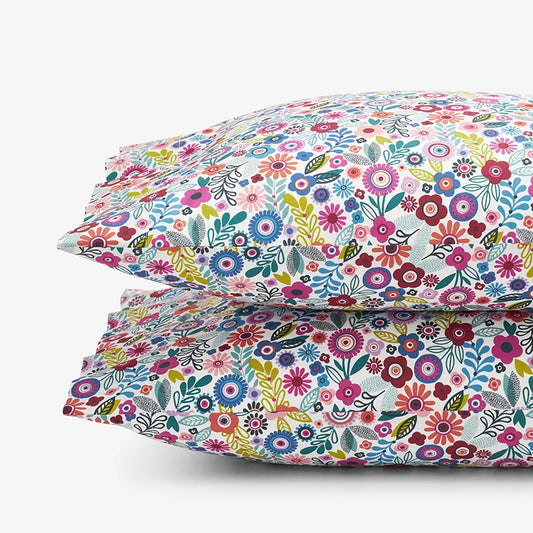 Joyful Mini Flower Classic Cool Organic Cotton Percale Pillowcase Set - White Multi, Standard