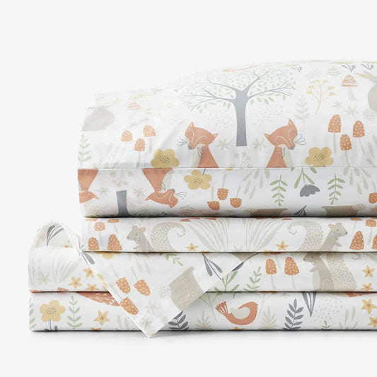 Forest Animals Classic Cool Organic Cotton Percale Bed Sheet Set - Ivory Multi, Twin