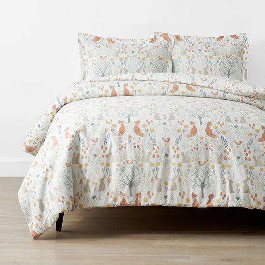 Forest Animals Classic Cool Organic Cotton Percale Duvet Cover Set - Ivory Multi, Twin/Twin XL