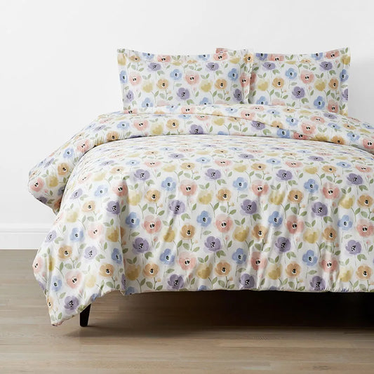 Pastel Poppies Classic Cool Organic Cotton Percale Duvet Cover Set - White Multi, Full