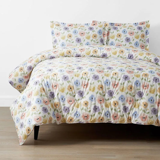 Pastel Poppies Classic Cool Organic Cotton Percale Comforter Set - White, Twin/Twin XL