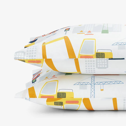 Construction Trucks Classic Cool Organic Cotton Percale Pillowcase Set - White , Standard