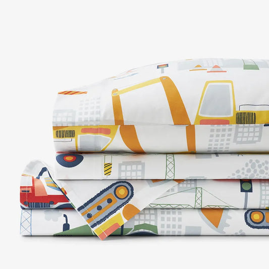 Construction Trucks Classic Cool Organic Cotton Percale Bed Sheet Set - White , Twin