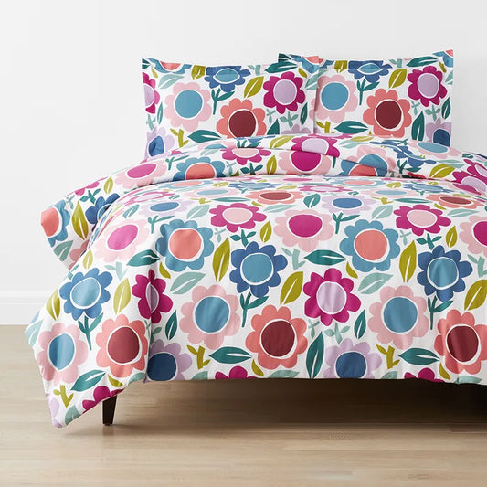Joyful Flower Classic Cool Organic Cotton Percale Duvet Cover Set - White Multi, Full