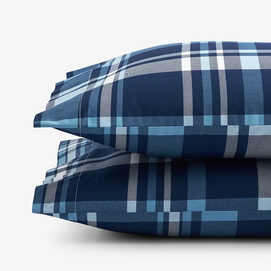 Handsome Tartan Classic Cool Organic Cotton Percale Pillowcase Set - Blue Multi, Standard