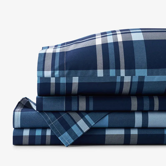 Handsome Tartan Classic Cool Organic Cotton Percale Bed Sheet Set - Blue Multi, Full