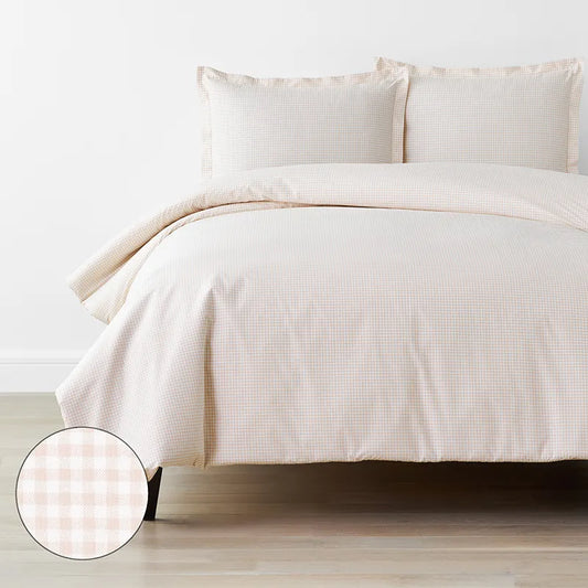 Ditsy Gingham Classic Cool Organic Cotton Percale Duvet Cover Set - Pink, Full/Queen