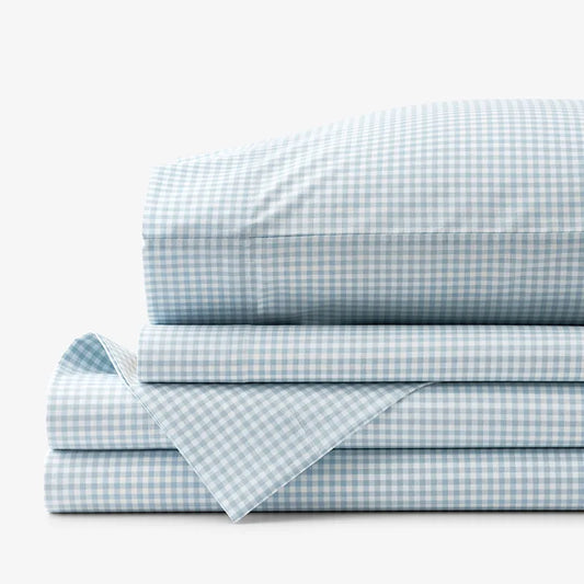 Ditsy Gingham Classic Cool Organic Cotton Percale Bed Sheet Set - Blue, Full