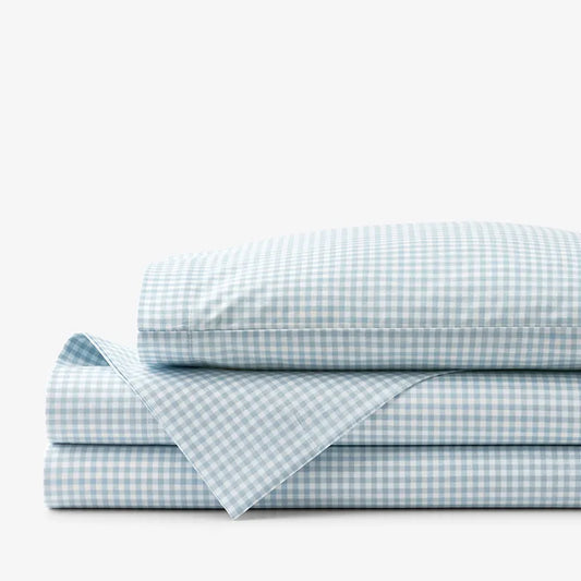 Ditsy Gingham Classic Cool Organic Cotton Percale Toddler Bed Sheet Set - Blue