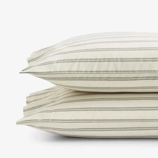 Tailored Stripes and Plaids Classic Cool Cotton Percale Pillowcase Set - Narrow Stripe Moss Green, Standard