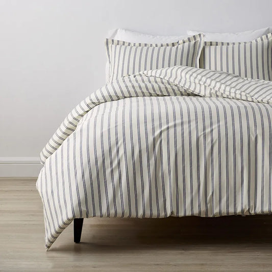 Tailored Stripes and Plaids Classic Cool Cotton Percale Bed Duvet Cover - Narrow Stripe Navy, Full/Queen