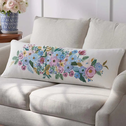 Garden Party Embroidered Decorative Lumbar Pillow Cover - Ivory