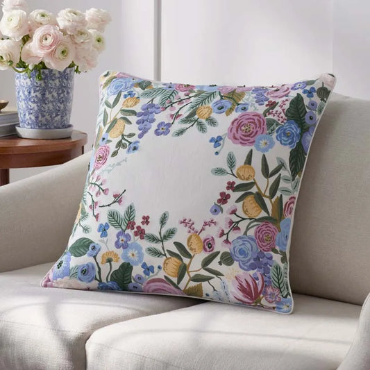 Garden Party Embroidered Decorative Square Pillow Cover - Ivory