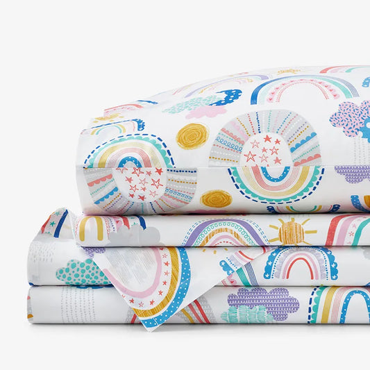 Magical Rainbows Classic Cool Organic Cotton Percale Bed Sheet Set - White Multi, Full