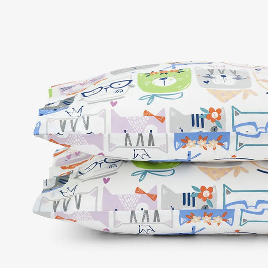 Stylish Cats Classic Cool Organic Cotton Percale Pillowcase Set - White Multi, Standard