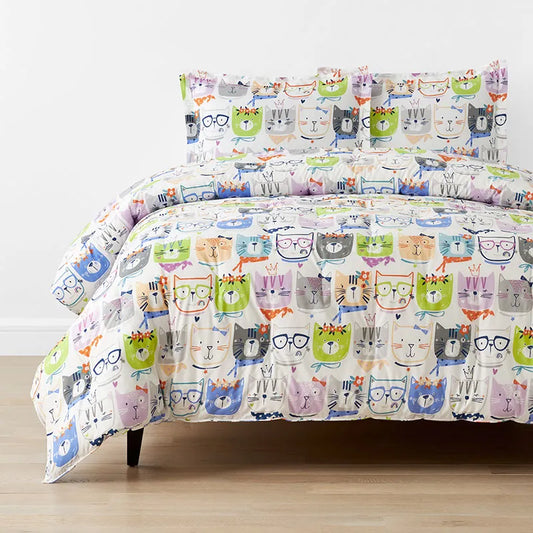 Stylish Cats Classic Cool Organic Cotton Percale Comforter Set - White Multi, Full/Queen