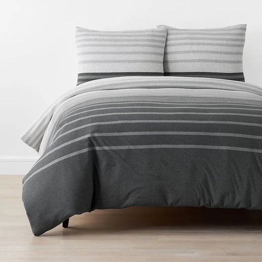 T-Shirt Soft Jersey Knit Stripe Yarn-Dyed Duvet Cover Set - Gray Multi, Full