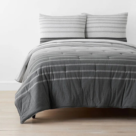 T-Shirt Soft Jersey Knit Stripe Yarn-Dyed Comforter Set - Gray Multi, Full