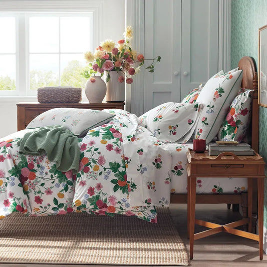 Dahlia Classic Cool Cotton Percale Duvet Cover - White Multi, Full