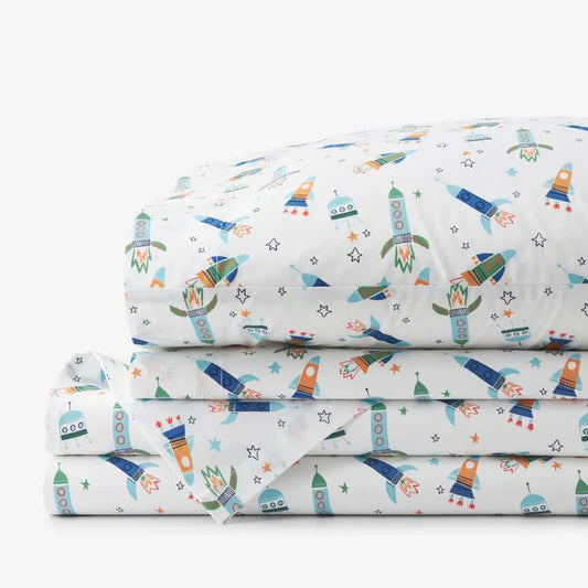 Space Adventure Classic Cool Organic Cotton Percale Bed Sheet Set - White Multi, Twin XL