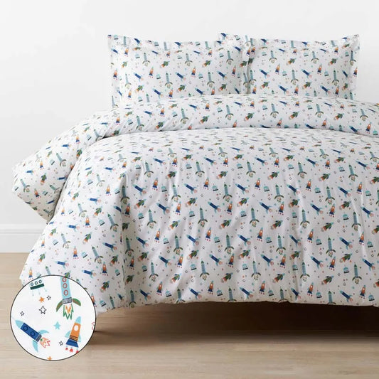 Space Adventure Classic Cool Organic Cotton Percale Duvet Cover Set - White Multi, Twin/Twin XL