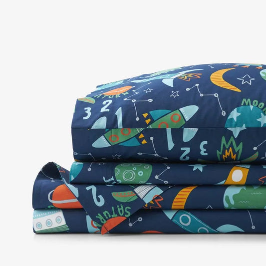 Planets and Rockets Classic Cool Organic Cotton Percale Bed Sheet Set - Navy Multi, Twin XL