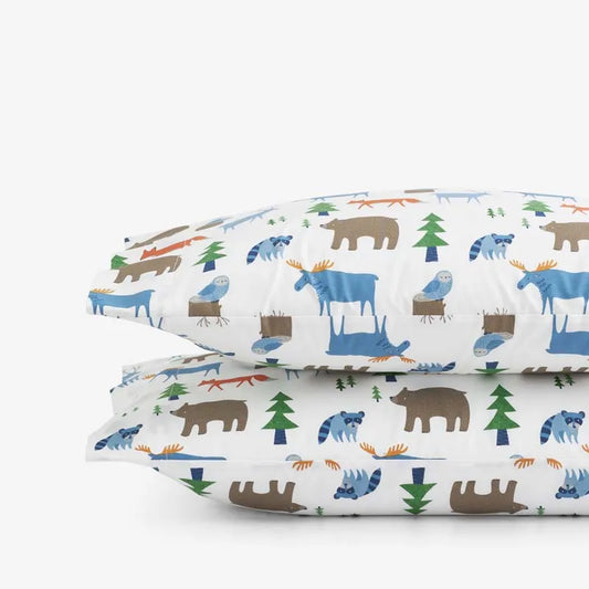 Forest Friends Classic Cool Organic Cotton Percale Pillowcase Set - White Multi, Standard