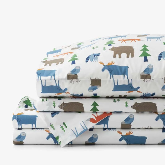 Forest Friends Classic Cool Organic Cotton Percale Bed Sheet Set - White Multi, Twin XL
