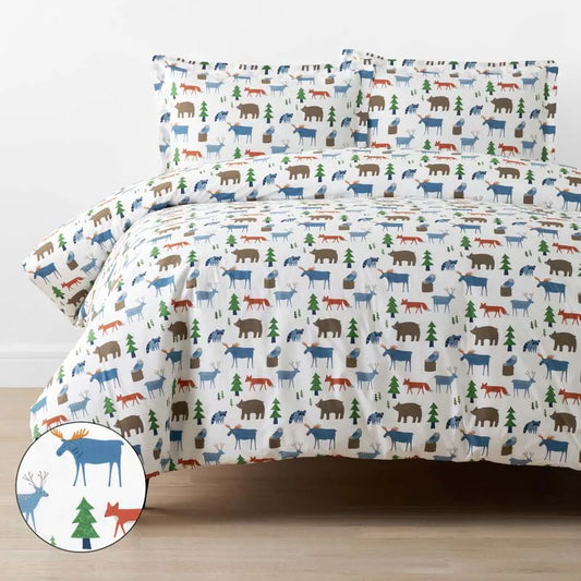 Forest Friends Classic Cool Organic Cotton Percale Duvet Cover Set - White Multi, Twin/Twin XL