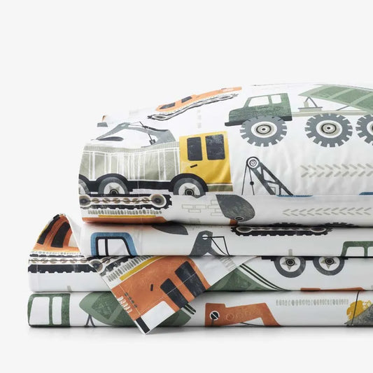Construction Builders Classic Cool Organic Cotton Percale Bed Sheet Set - White Multi, Twin XL