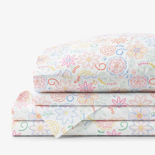 Floral Dream Classic Cool Organic Cotton Percale Bed Sheet Set - White Multi, Full