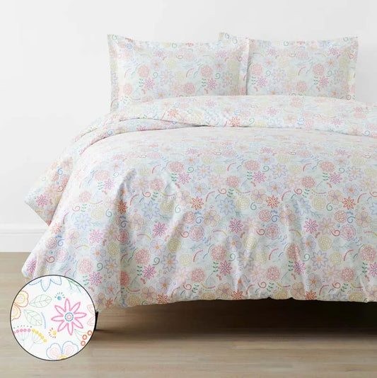 Floral Dream Classic Cool Organic Cotton Percale Duvet Cover Set - White Multi, Twin/Twin XL
