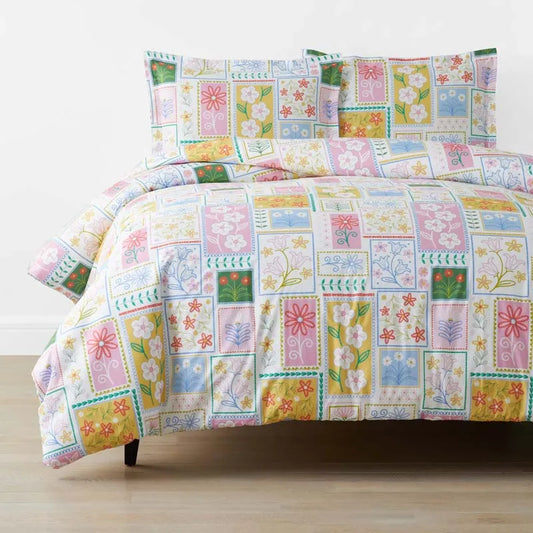 Stitch and Bloom Classic Cool Organic Cotton Percale Duvet Cover Set - White Multi, Twin/Twin XL