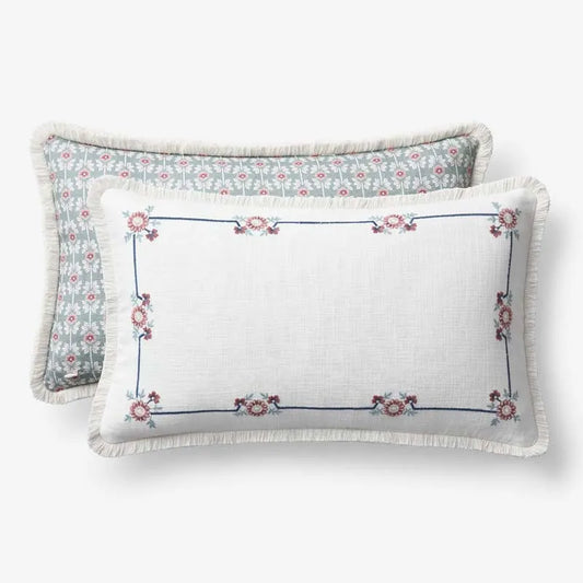 Floral Border Reversible Decorative Lumbar Pillow Cover - Ivory Multi, 12 in. x 21 in.