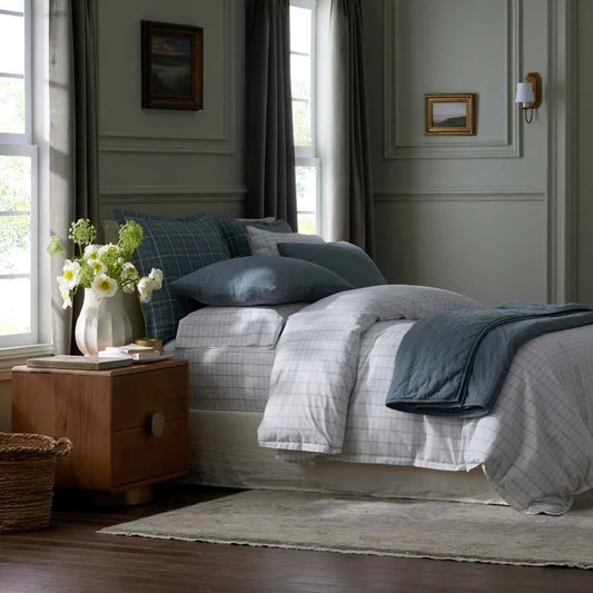 Yarn-Dyed Plaid Garment Washed Cotton Percale Duvet Cover Set - Ivory Multi, Twin/Twin XL