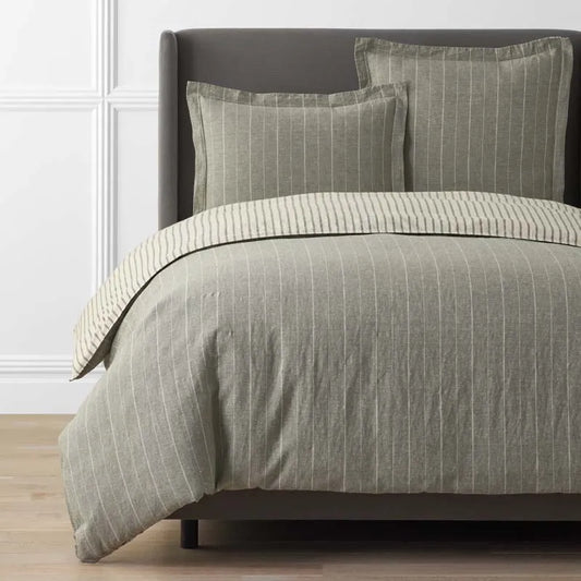 Tailored Stripes Premium Breathable Washed Linen Cotton Reversible Duvet Cover - Wide Stripe Dark Olive, Twin/Twin XL