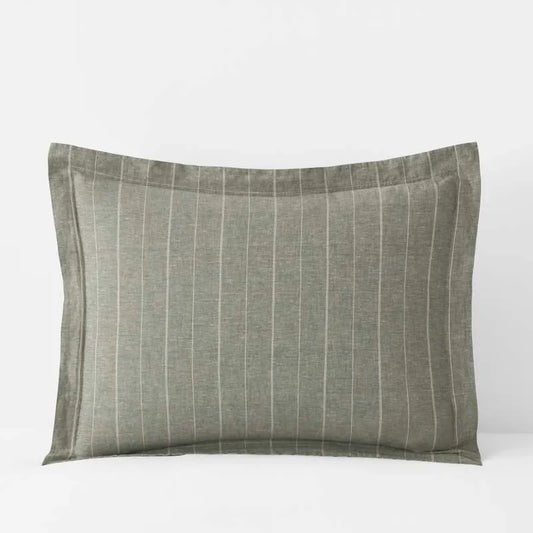 Tailored Stripes Premium Breathable Washed Linen Cotton Reversible Sham - Wide Stripe Dark Olive, Standard