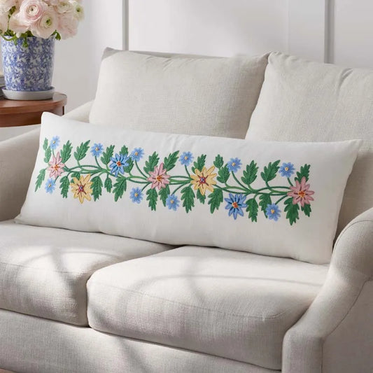 Helena Embroidered Decorative Lumbar Pillow Cover - Ivory