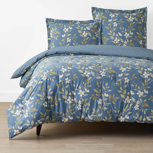Garden Mist Classic Cool Cotton Percale Reversible Comforter - Floral and Stripe Smoke Blue, Twin/Twin XL