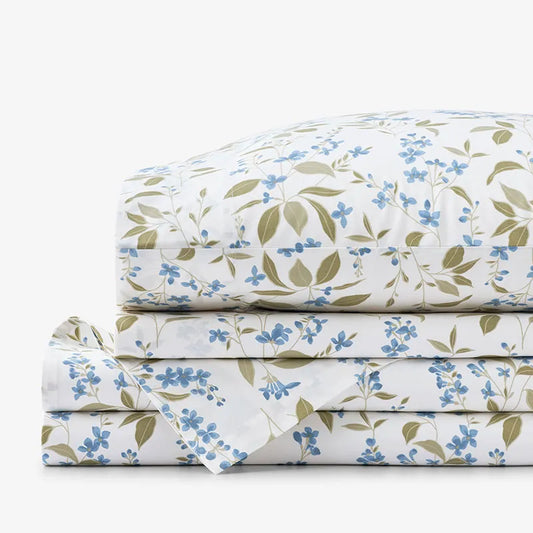 Garden Mist Classic Cool Cotton Percale Bed Sheet Set - Leaf Smoke Blue, Twin