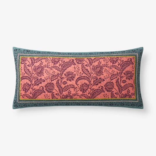 Nora Floral Leaf Reversible Decorative Lumbar Pillow Cover - Red Multi, 14 in. x 30 in.