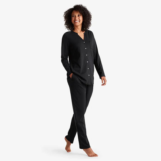 Pima Cotton Women's Button-Down Pajama Set - Black, L