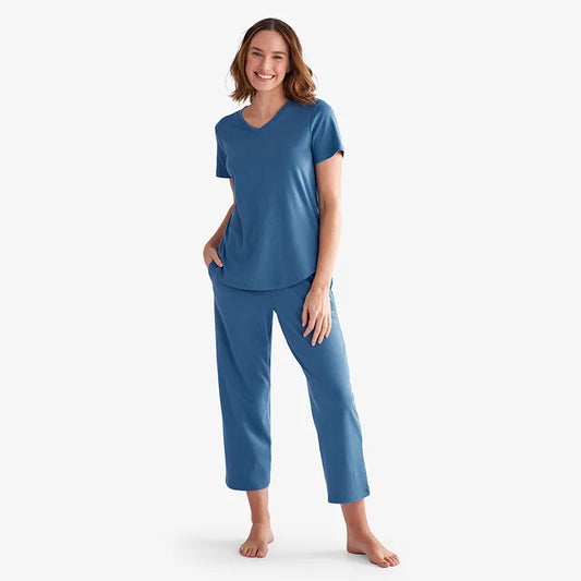 Pima Cotton Women's Cropped Pajama Set - Blue Denim, XXL