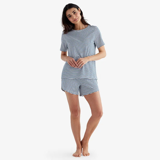Yarn-Dyed Stripe Pima Cotton Women's Shorts Set - Navy/White, XS