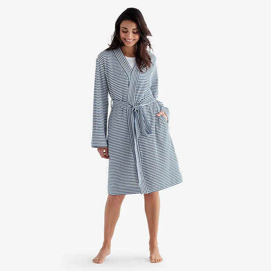 Yarn-Dyed Stripe Pima Cotton Women's Kimono Robe - Navy/White, XS