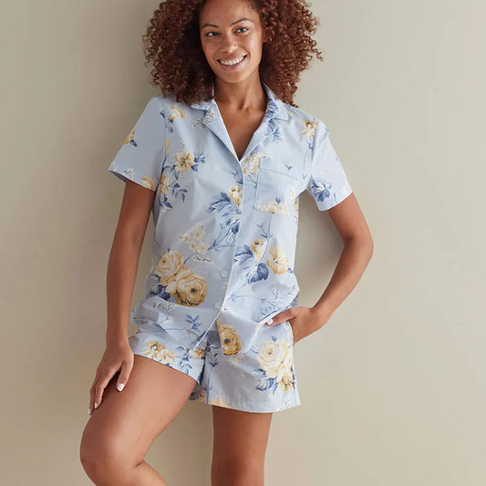 Printed Poplin Women's Shorts Set - Blue Floral, XXL